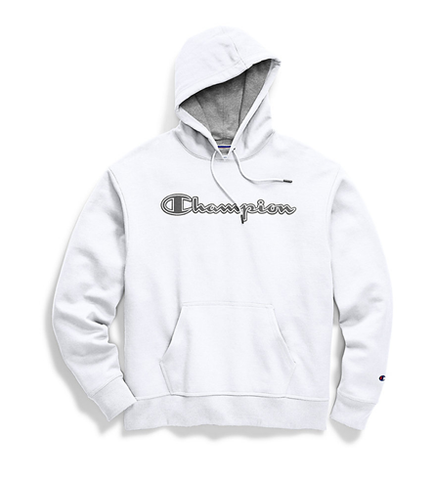 Champion Men's Powerblend Fleece Pullover Hoodie Chainstitch Outline Logo White